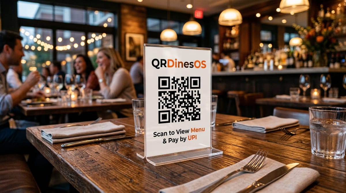 QRDinesOS table QR stand in a busy dining room
