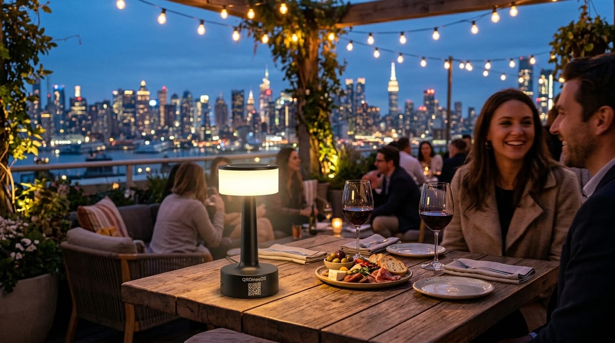 Sleek rooftop bistro using portable mobile and tablet POS instead of bulky desktop hardware