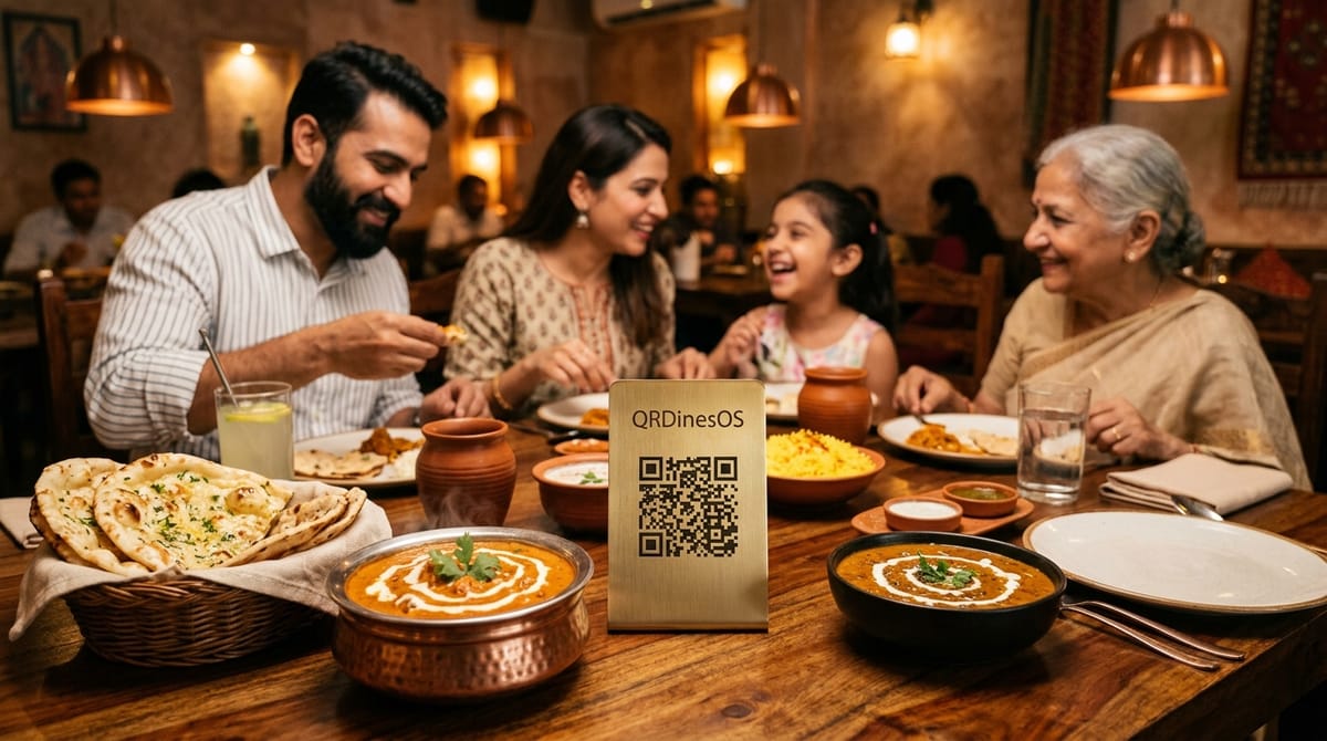 Indian family dining together with split itemized bill sharing at the table