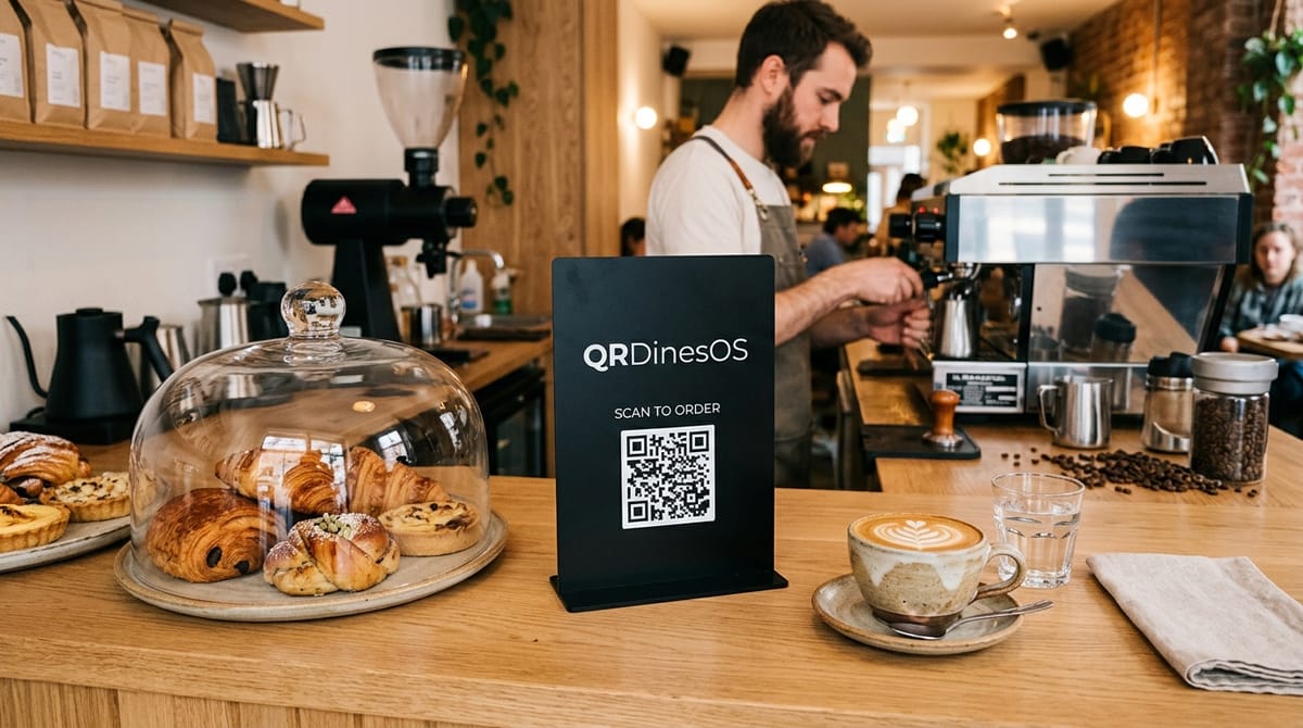 QRDinesOS Cafe Barista QR Ordering Stand